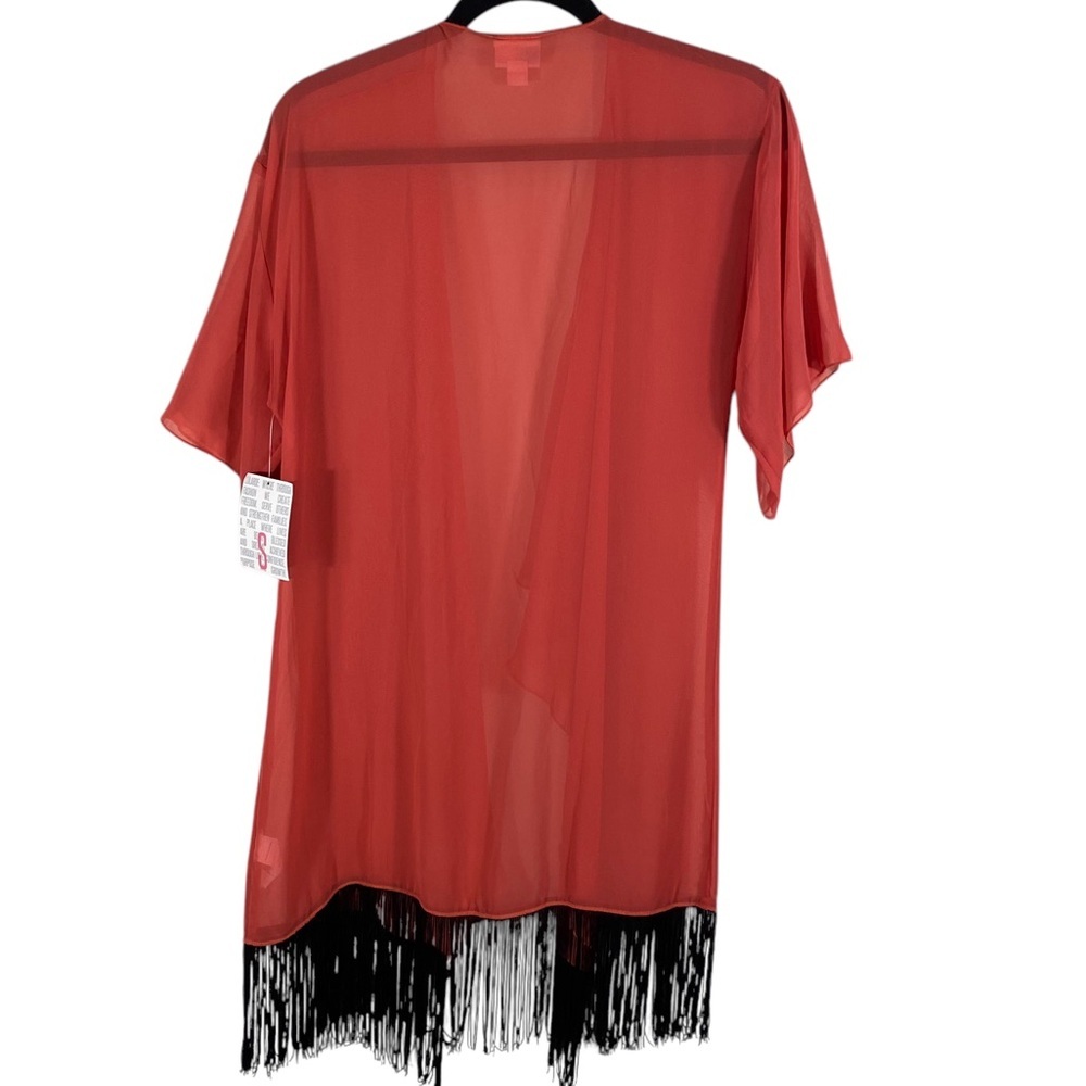 Lularue  Coral Sheer Monroe Kimono with Black Fringe Sz S NWT - Picture 2 of 4